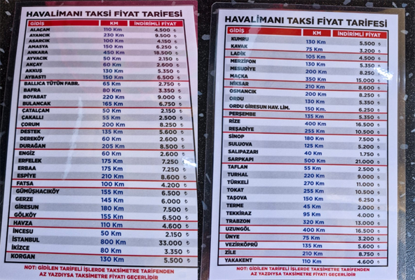 samsun havalimanı taksi tarifesi
