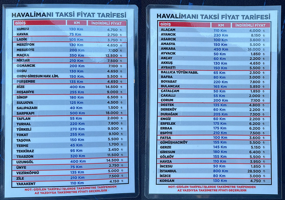 samsun havalimanı taksi tarifesi